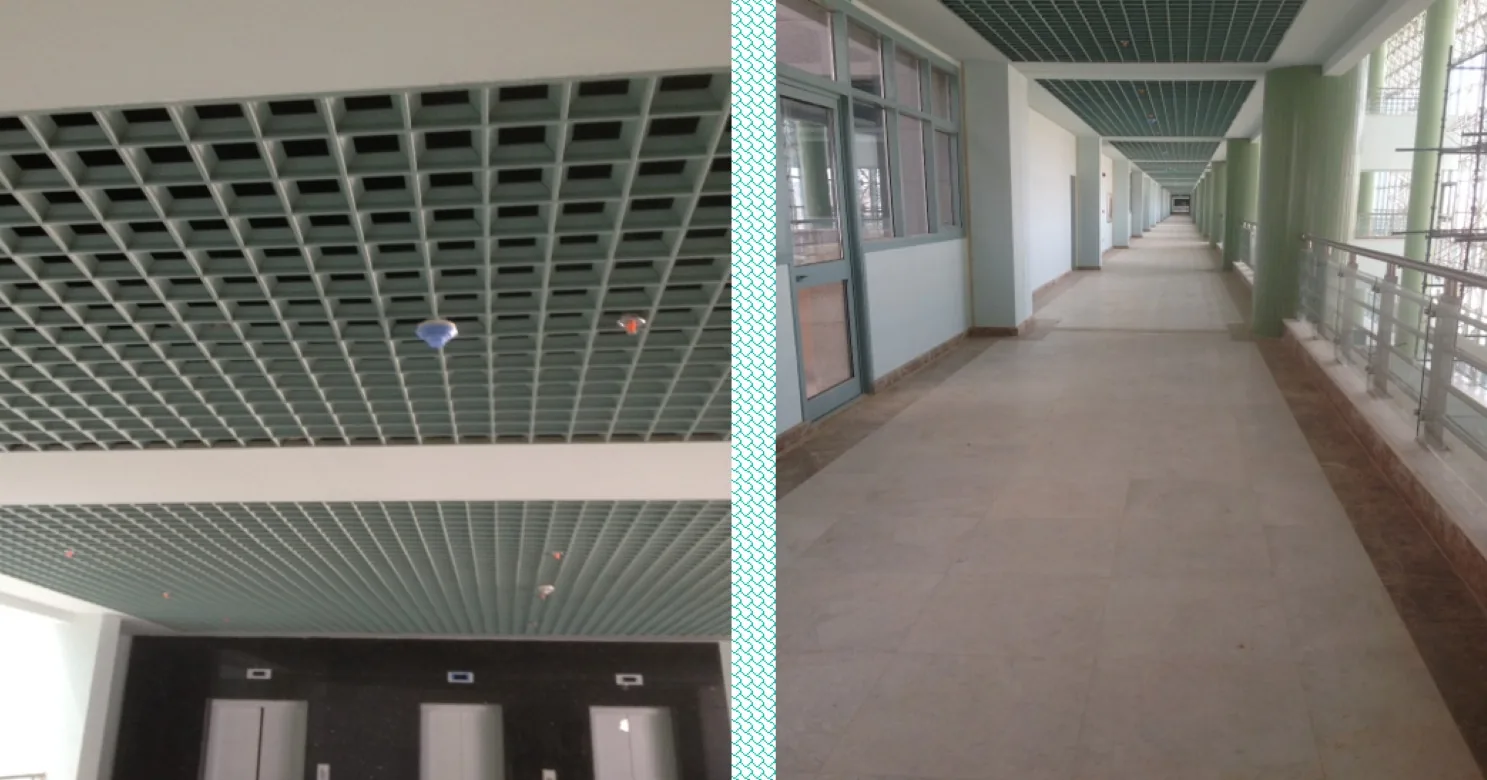 Two frames: open-cell grid ceiling above dark-stone lift doors, and a long corridor with pale stone floor, green columns and steel railings.