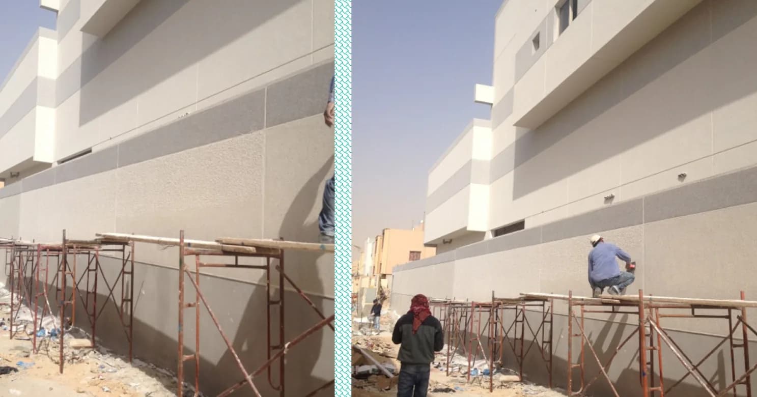 Two views of a two-tone textured render facade with metal scaffolding along its base and a worker crouching on the plank.