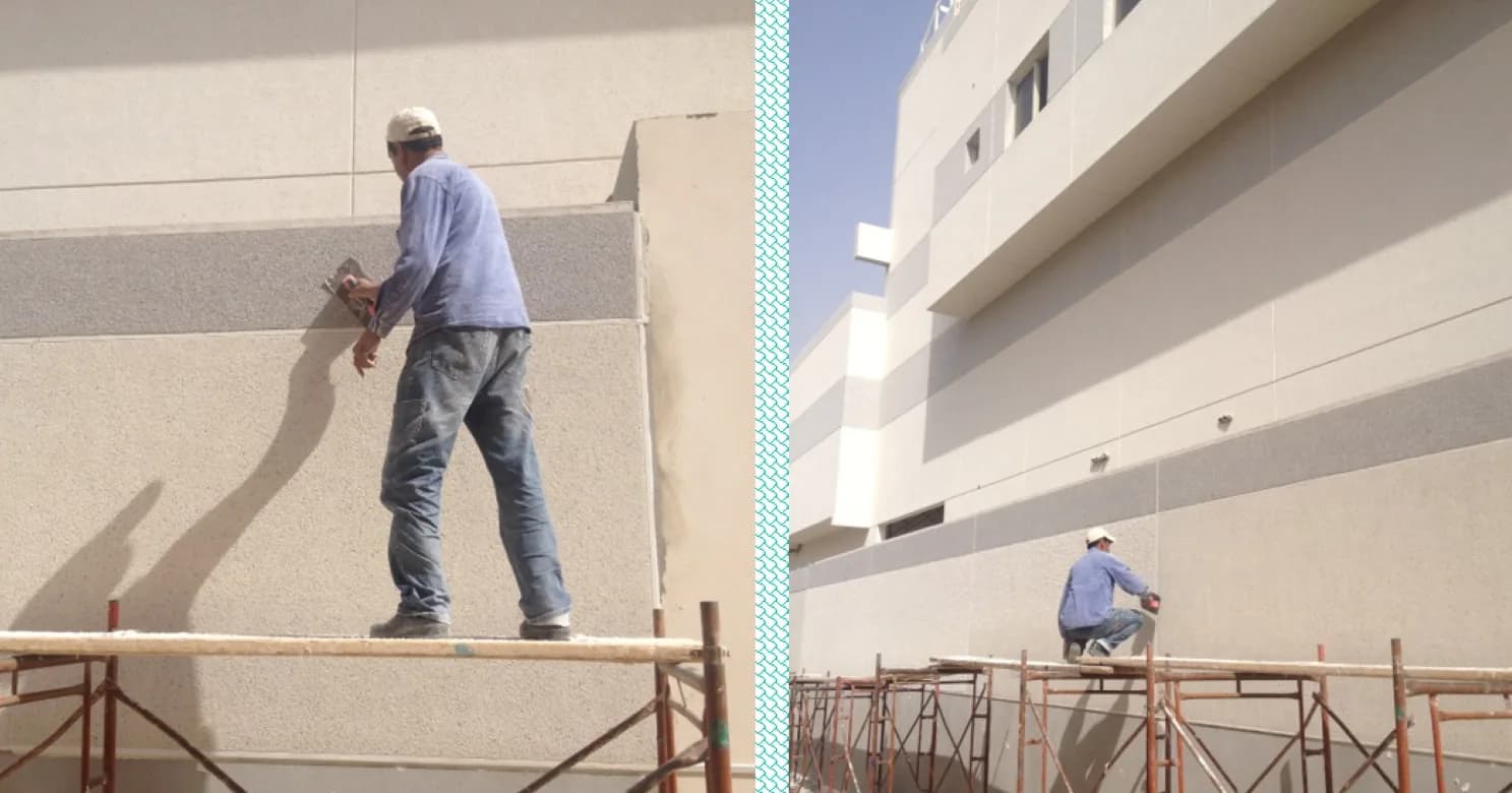 Close and wide views of a worker on a scaffold plank working a hand float across a grey band of textured render.