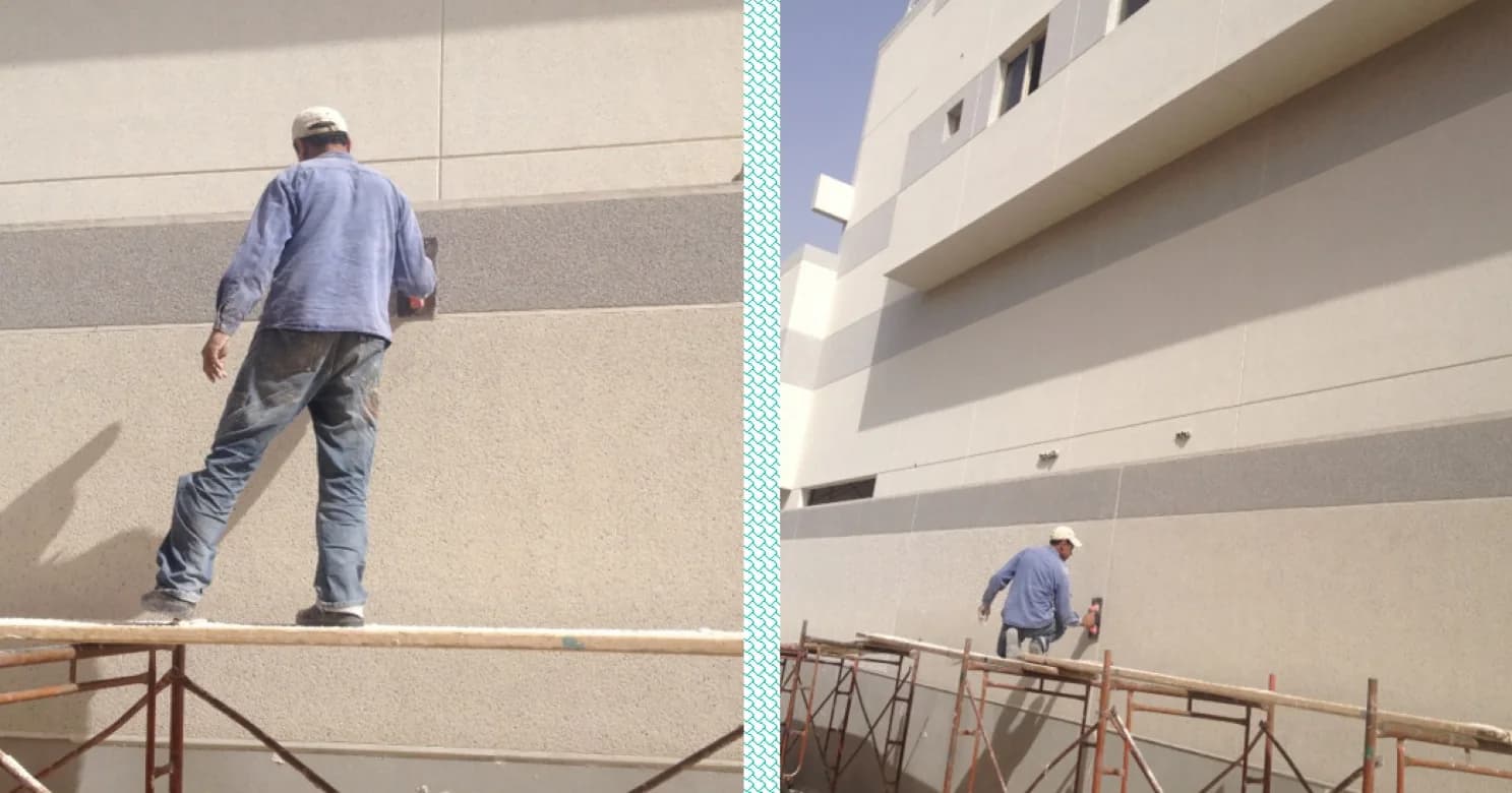 Worker from behind on a scaffold plank, float against a grey render band, beside a wide view of the elevation.