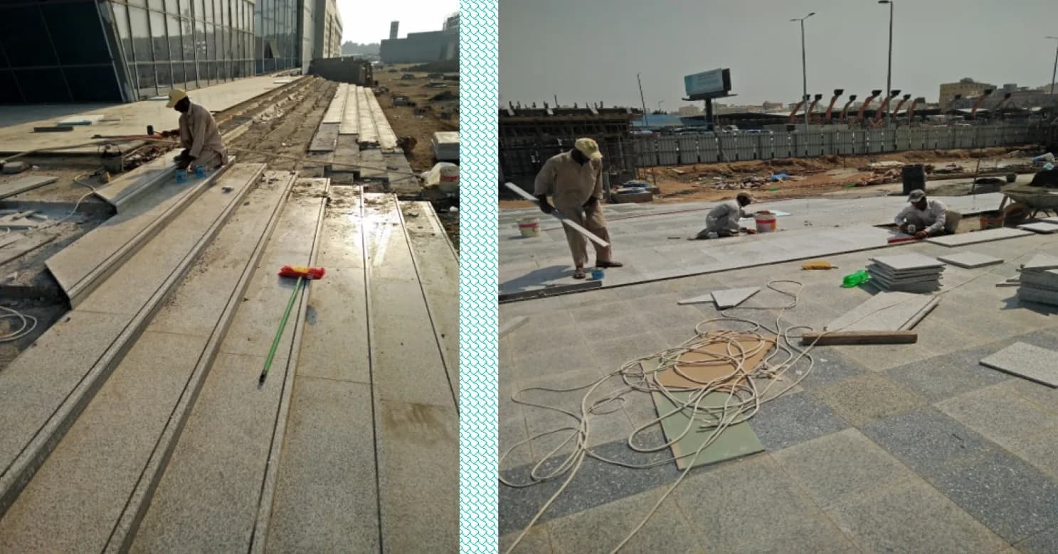 Two frames side by side: granite step treads being set beside glazing, and workers laying granite paving with stacked slabs nearby.
