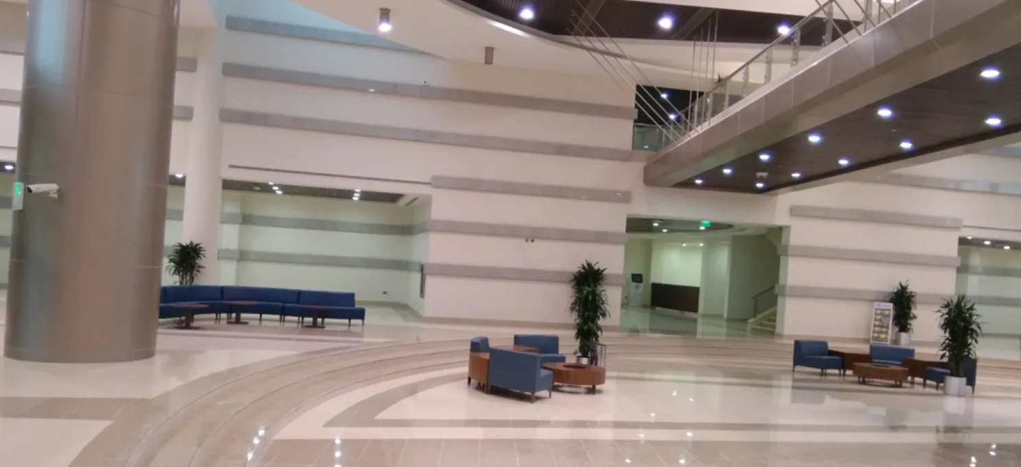 Finished lobby with a polished patterned floor, blue sofas, potted plants, a metallic column and a steel-railed upper walkway.