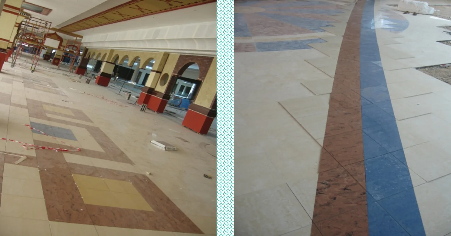 Two joined frames: arcade floor with terracotta and yellow inlay squares (left) and a curved blue and terracotta band in cream tile (right)