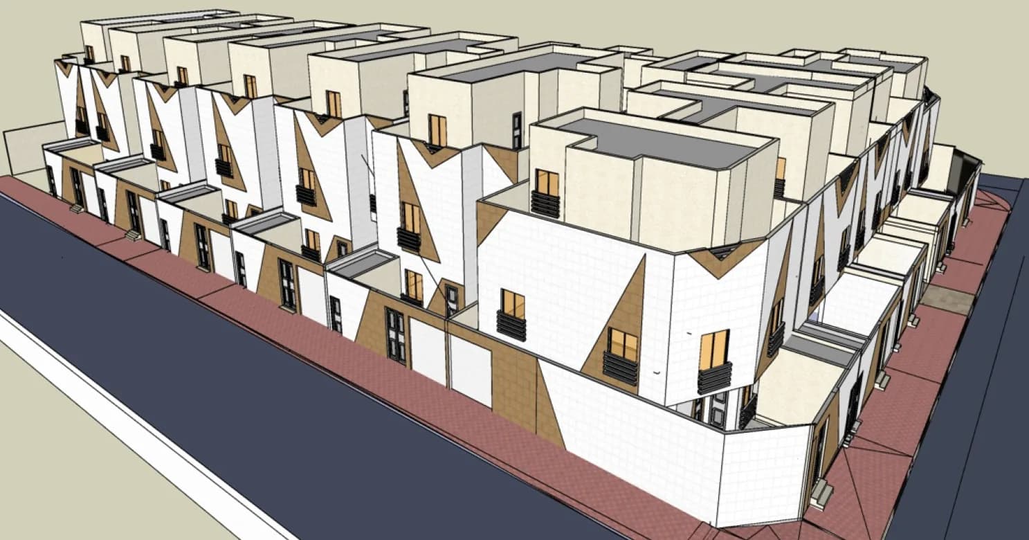 3D design model, not a photograph, of townhouse rows with white and tan triangular facade panels, viewed from above beside paved streets.