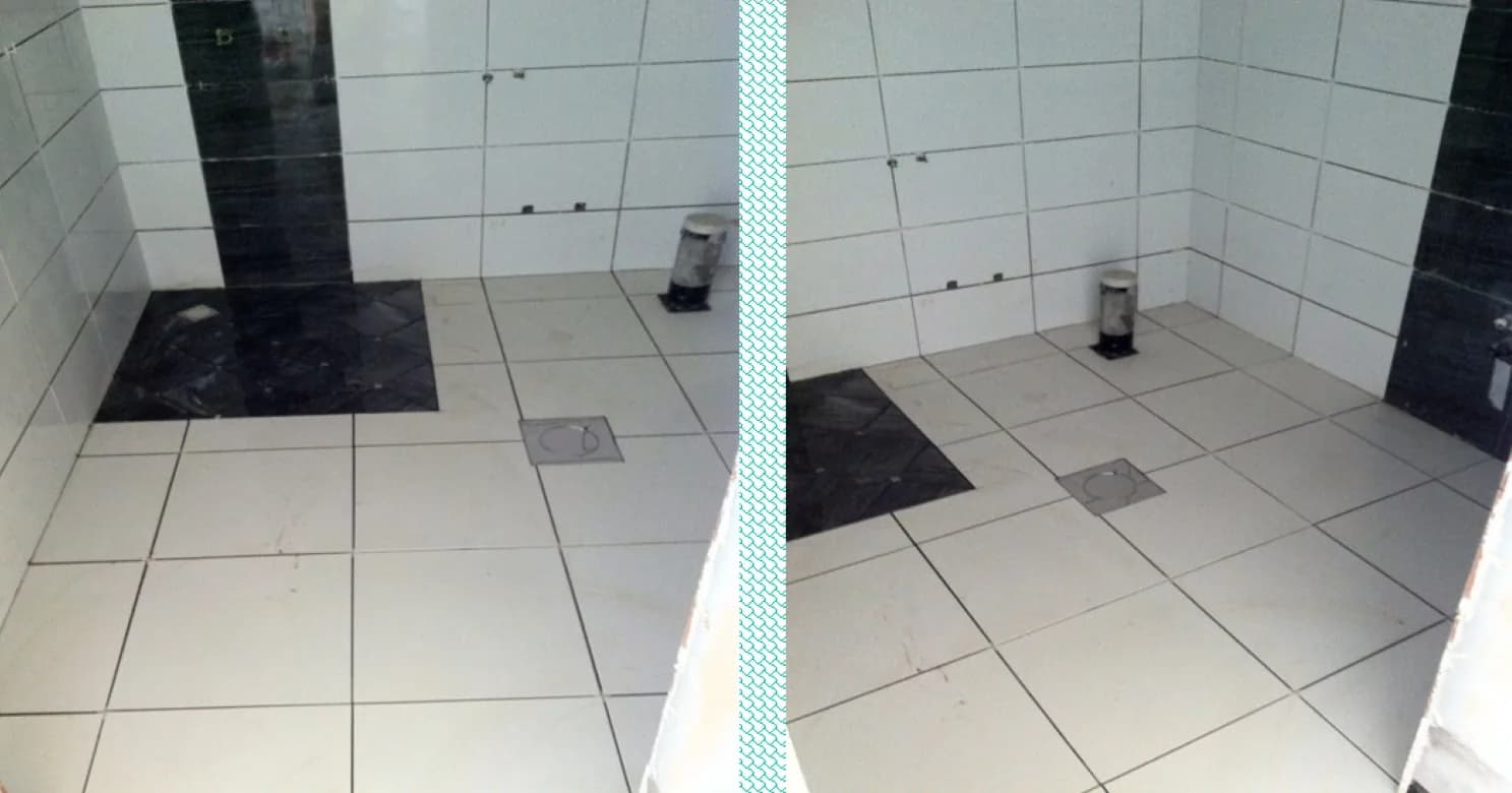 Two views of a wet area: white wall tiles, a black strip, cream floor tiles, a black floor zone and drain.