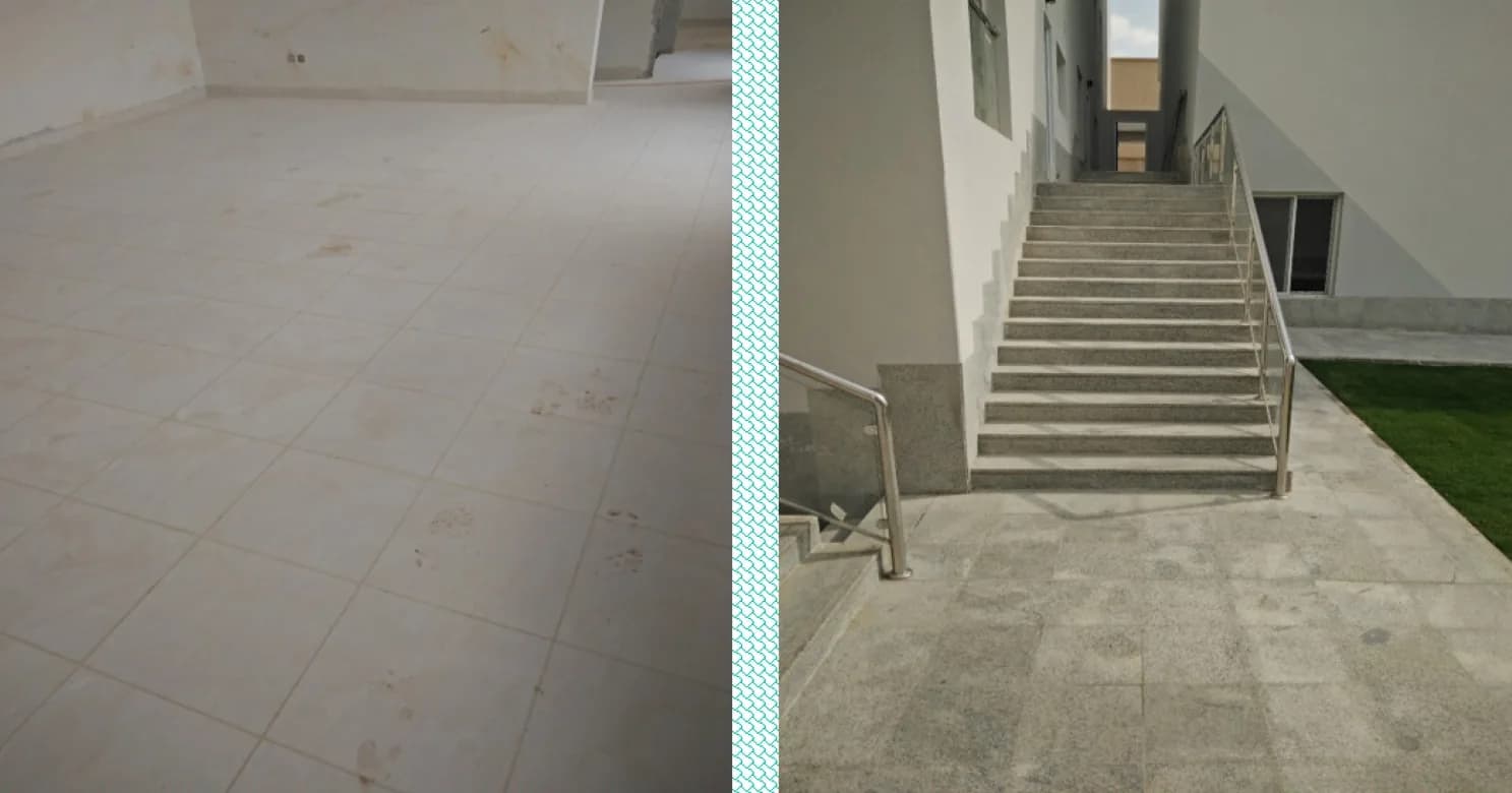 Two views: large cream floor tiles with footprints in an unfinished room, and a stair with steel-and-glass railings on speckled stone paving.