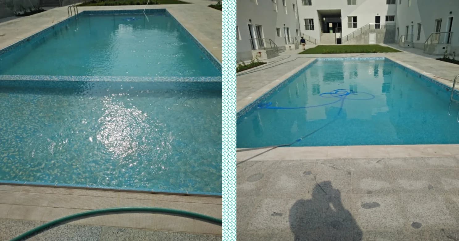 Two views of a water-filled pool lined in blue mosaic with stone surround, in a courtyard of white townhouse blocks.