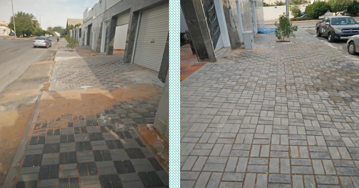 Two views of interlock-paver sidewalks: a checker pattern partly laid over sand, and a completed grey pattern with a young tree.
