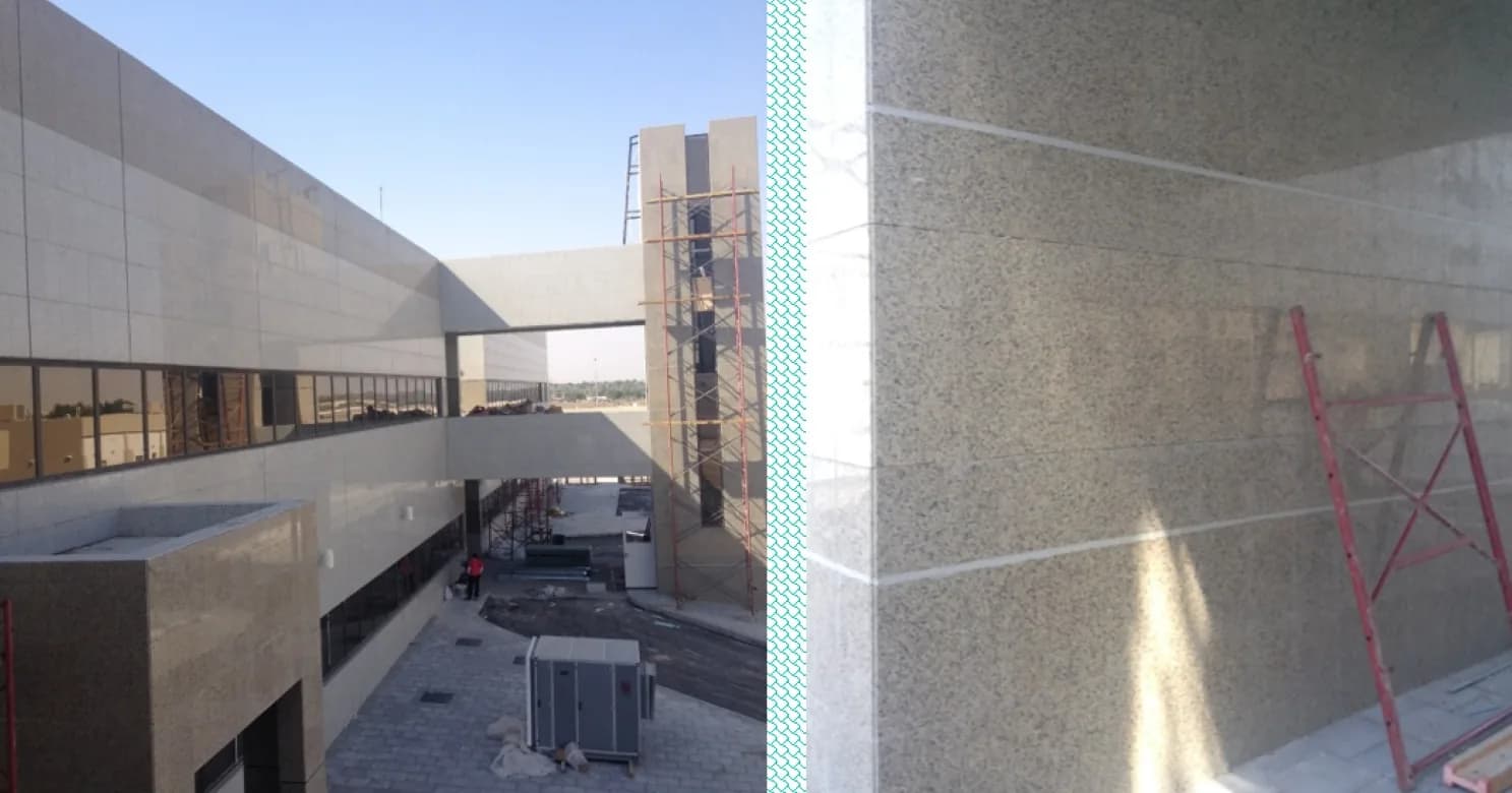 Joined views: a link bridge between clad wings beside a scaffolded tower, and close-up speckled stone panels with a red scaffold frame.