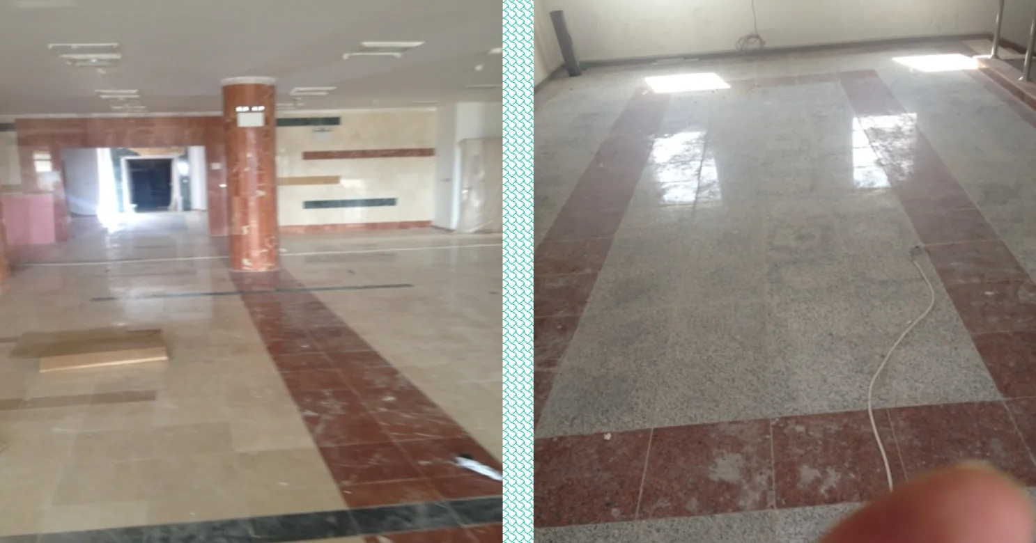 Joined views of a lobby still under fit-out: a red stone column with cream floor, and speckled floor with red border bands.