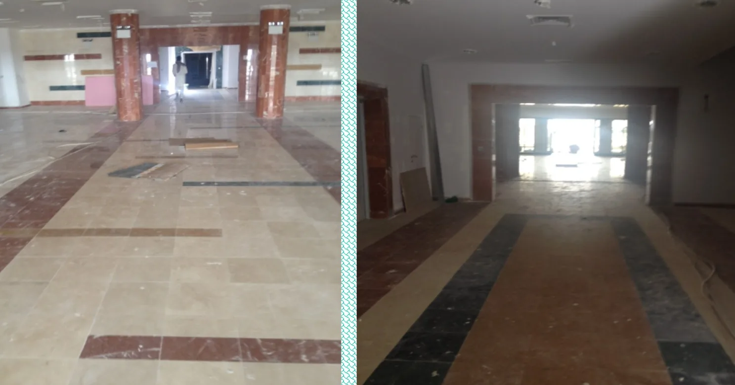 Two views: red-columned lobby with a striped cream floor, and a dim hall with floor stripes leading to a bright entrance.