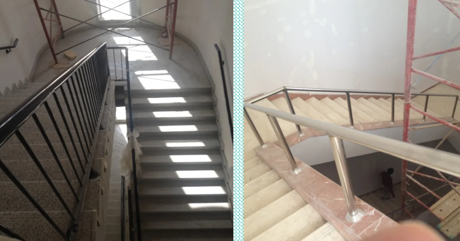 Two stair views: speckled treads with black balusters and scaffolding above, and a steel handrail on red-veined stone steps with scaffolding.