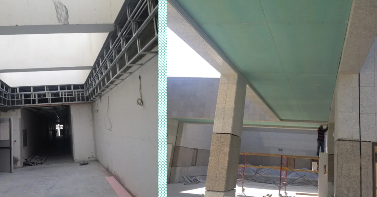 Two views: steel-stud ceiling framing in a bare corridor, and stone-clad columns under a green plasterboard soffit with a worker on scaffolding.