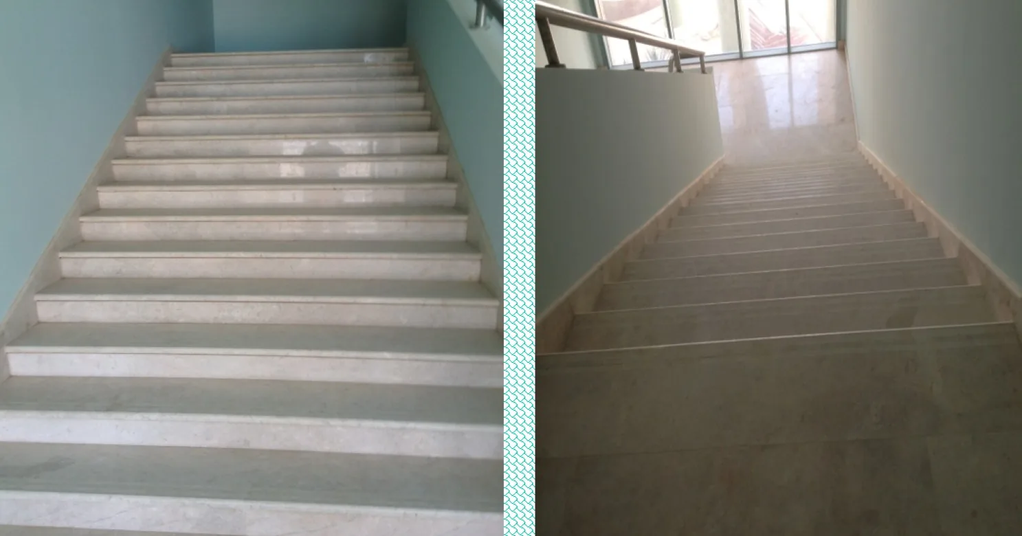 Two joined views of marble stair flights between teal walls, the right one climbing toward a glazed wall beside a steel handrail.