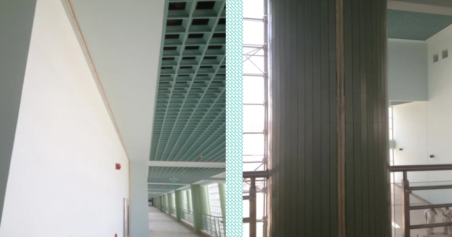 Joined views of a corridor under a green open-cell ceiling and a fluted green column with scaffolding visible beyond the glass.