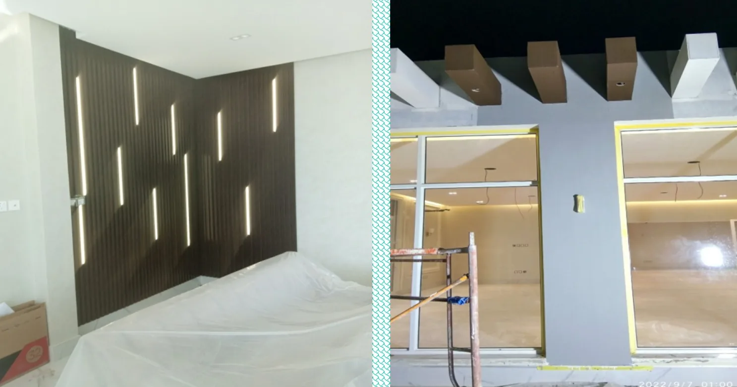 Left, dark slatted feature wall with vertical LED strips; right, night view of glazed windows with masking tape and scaffold.