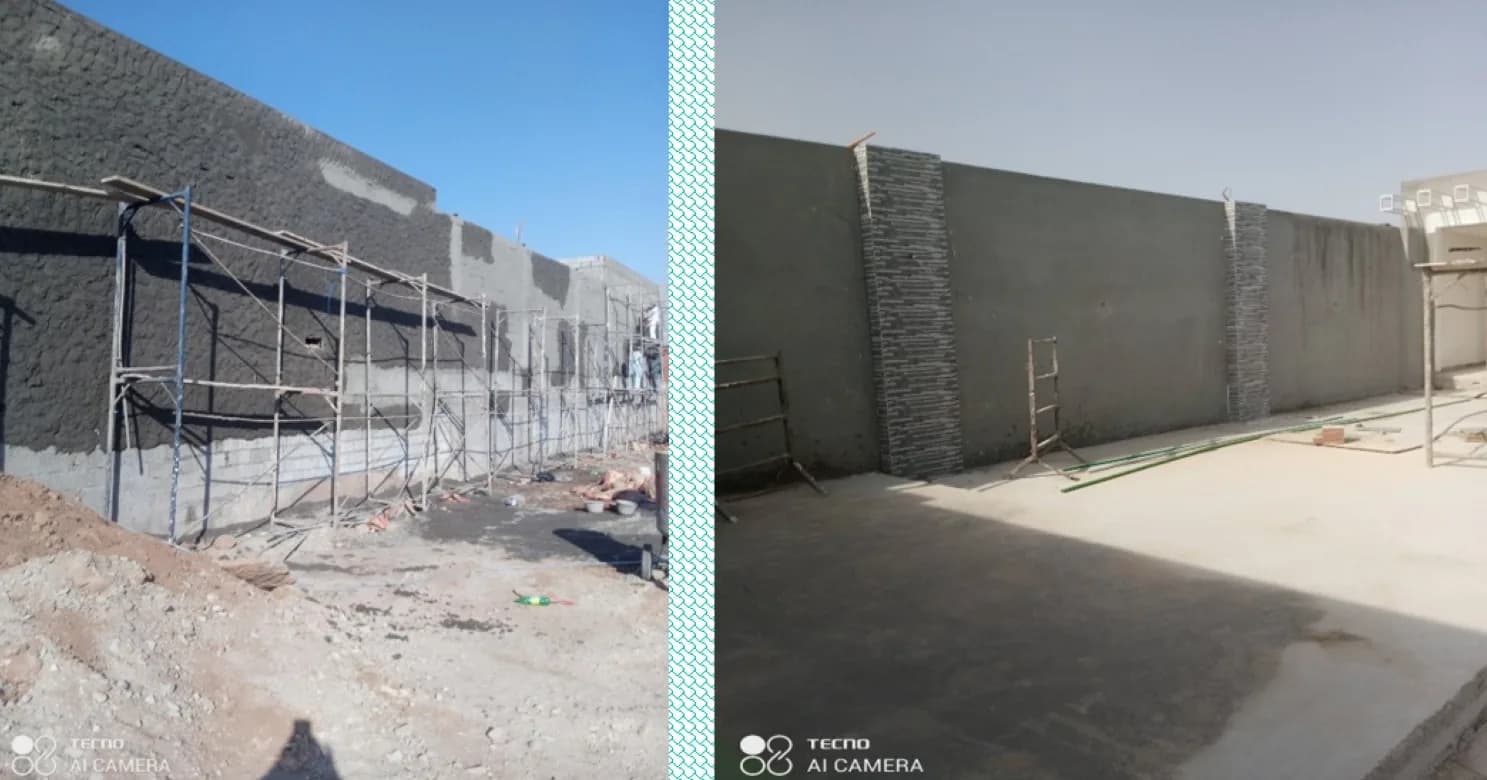 Left, dark spray-textured render on a block boundary wall with scaffold; right, grey wall with stone-clad pilasters and a bare floor.
