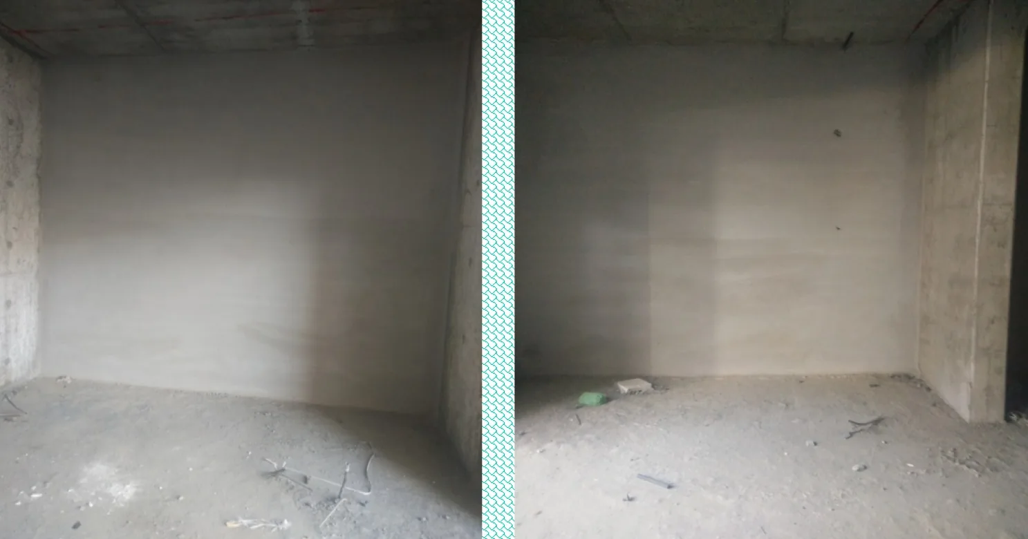 Two frames of empty rooms, each with bare grey walls, rough concrete floors, loose wires and scattered debris.