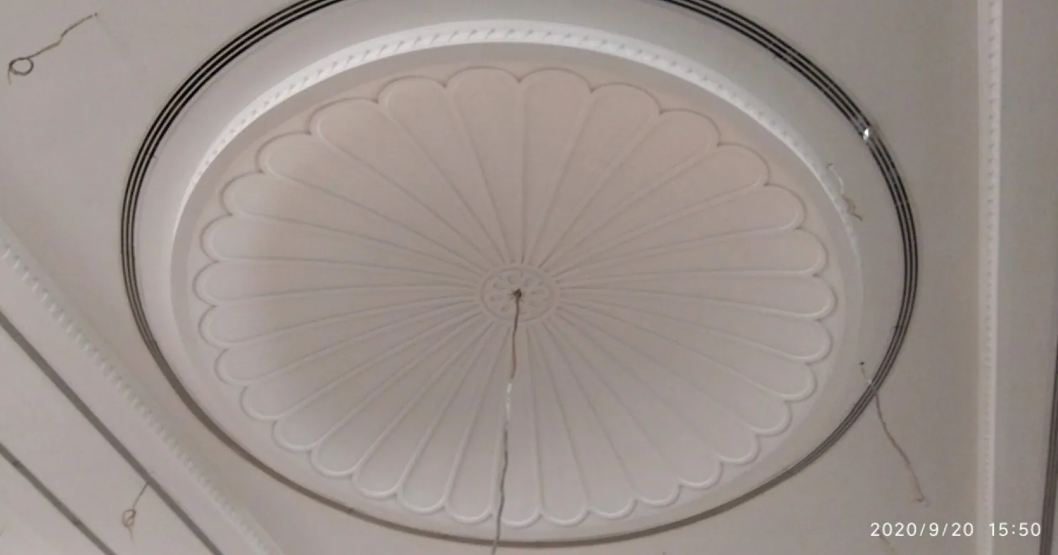 Moulded white ceiling medallion with fan-shaped petals, slotted ring and dentil cornices; loose wires hang across it, no light fitted.