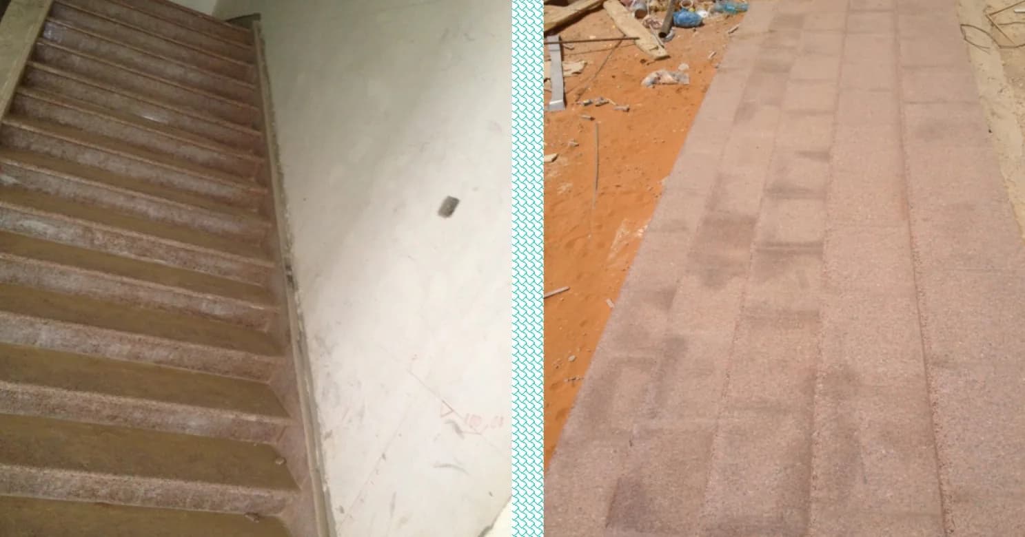 Two frames: dusty granite stair treads in an unfinished stairwell, and pink stone paving laid in long strips beside bare sand.