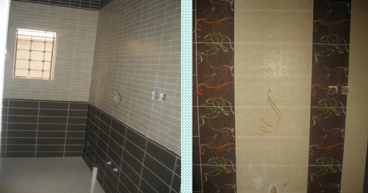 Two frames of tiled walls: grey tiles above a black dado, and cream tiles between brown floral strips with loose wires.