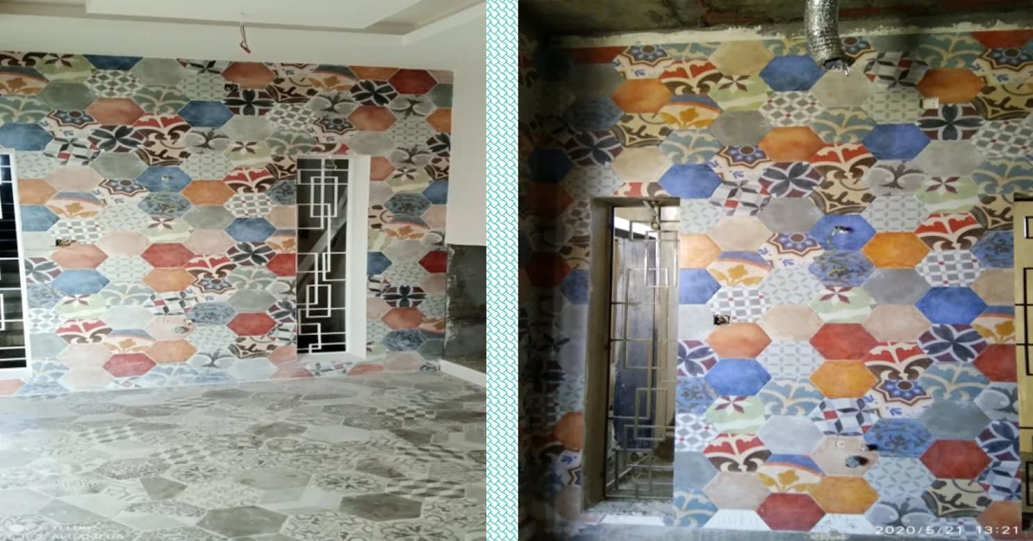 Two views of a multicolour hexagon-tile feature wall with a geometric metal grille, and a patterned grey hexagon floor at left.