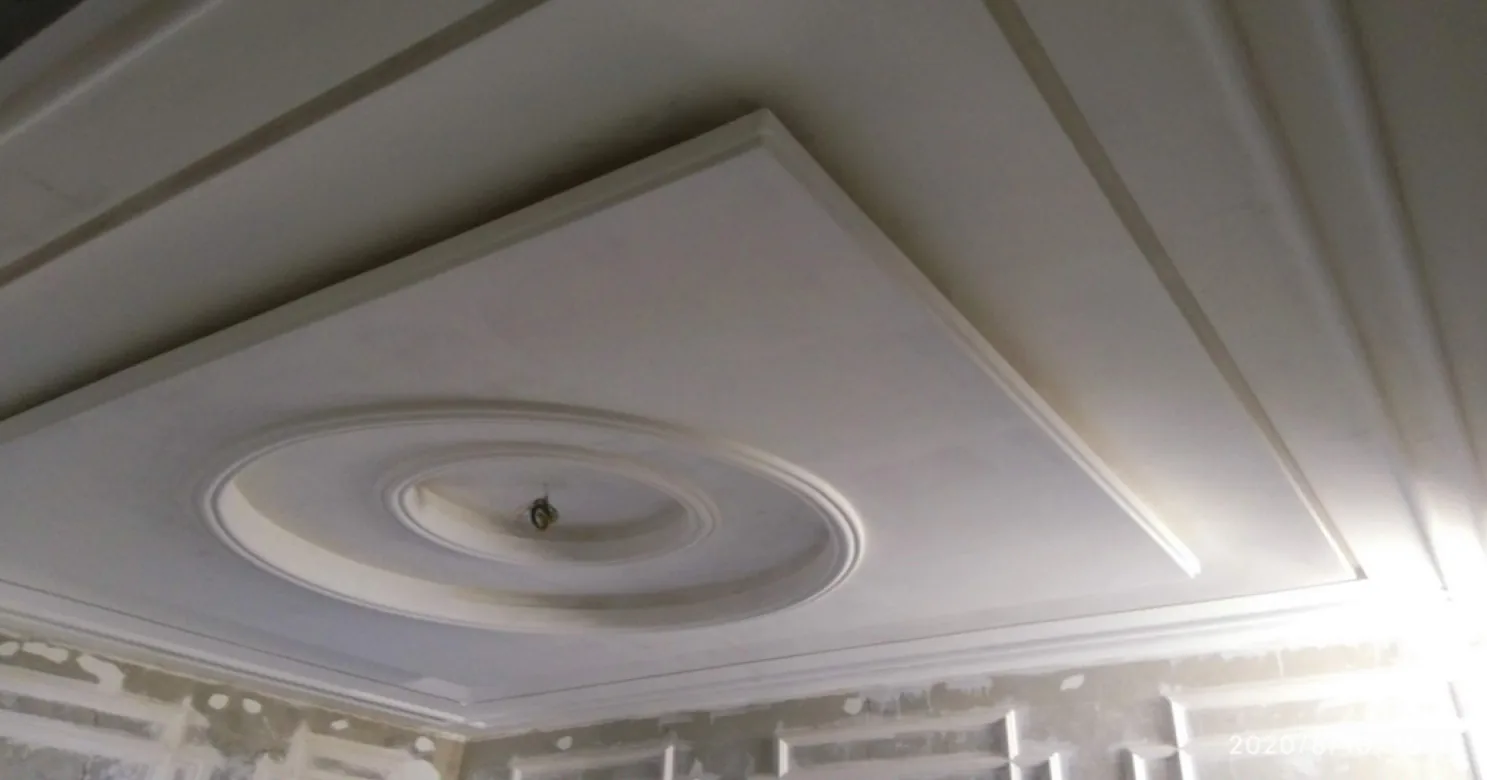 Unpainted gypsum tray ceiling with a concentric oval medallion and moulded borders, filler marks still visible.