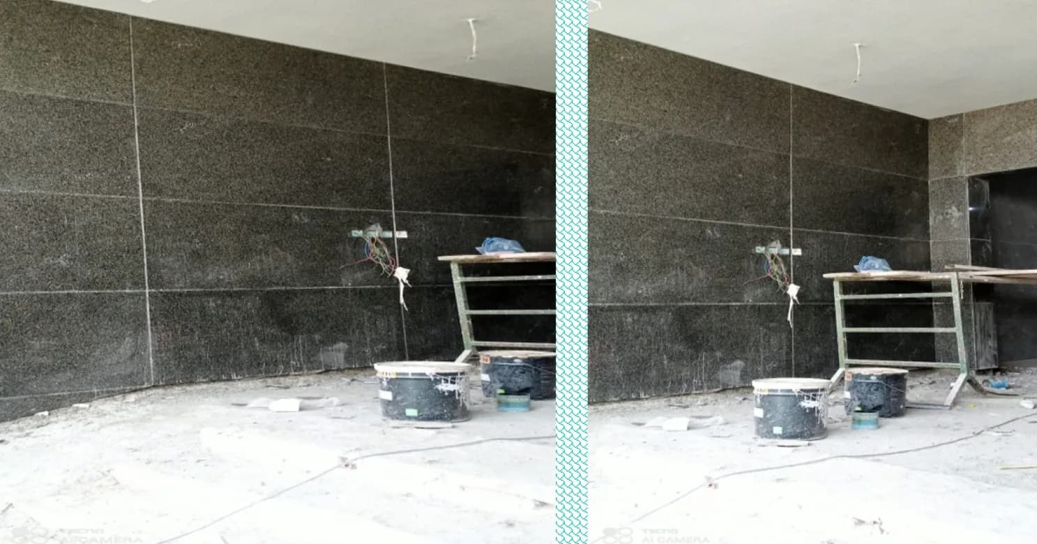 Two side-by-side views of a dark granite-clad wall with loose wires, a scaffold trestle and paint tubs on a bare concrete floor.