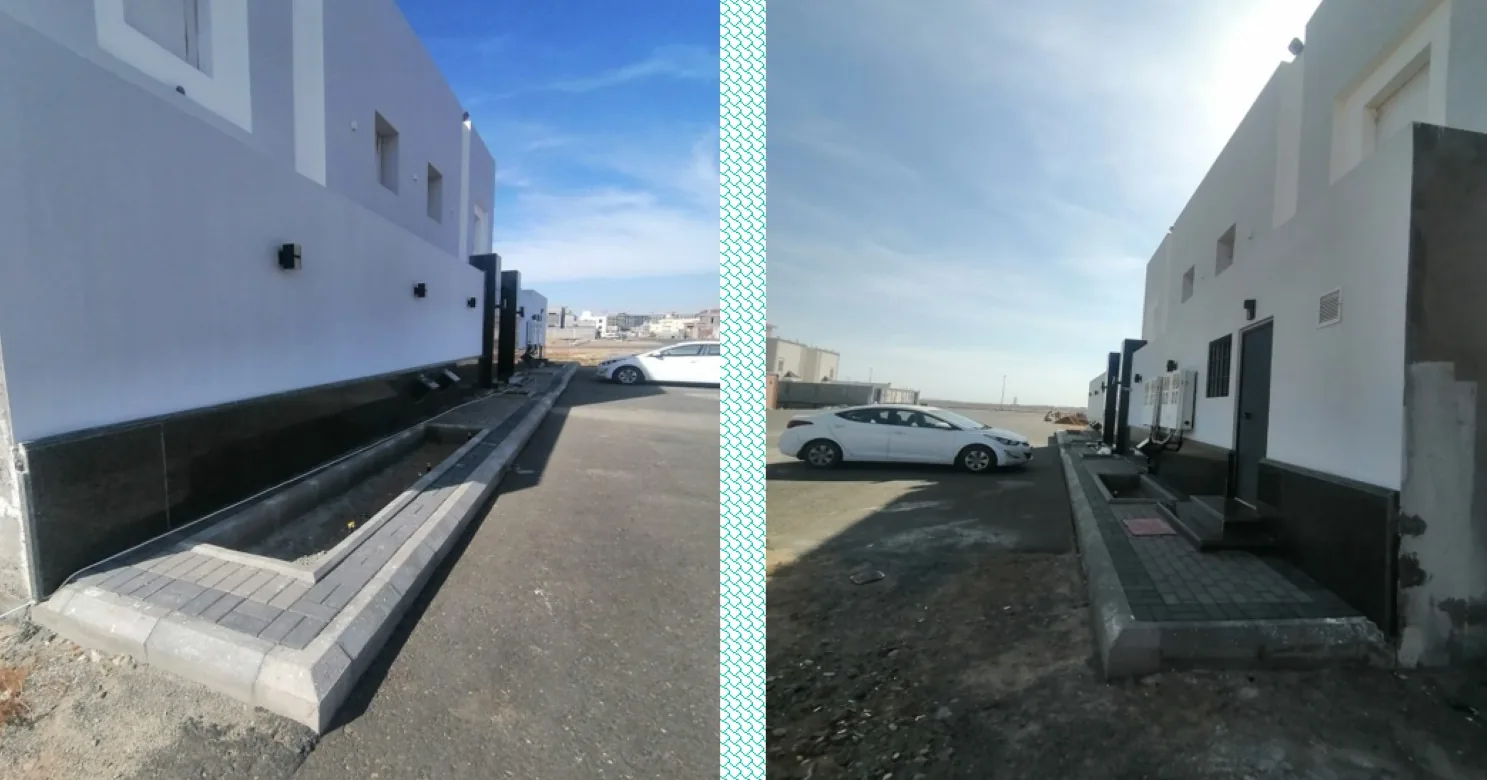 Two views along a white wall with a dark stone plinth, interlock-paved kerb and planter bed, and a white car beyond.