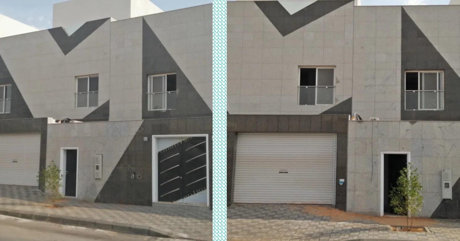 Two views of townhouse facades in light and dark grey stone panels, with a slatted steel gate and a roller garage door.