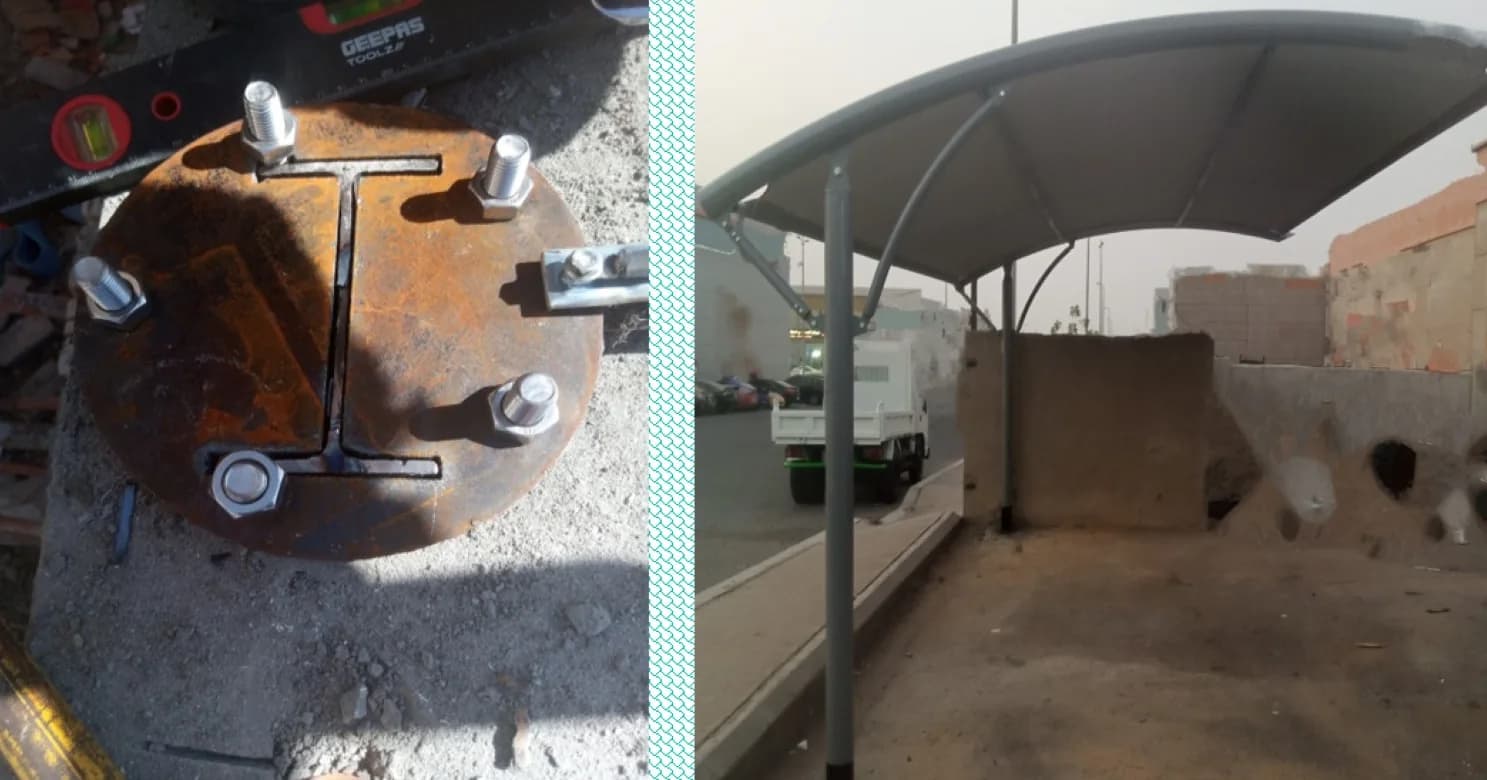 Left, rusty base plate with four anchor bolts and an I-section stub; right, a single-post grey car shade beside a street wall.