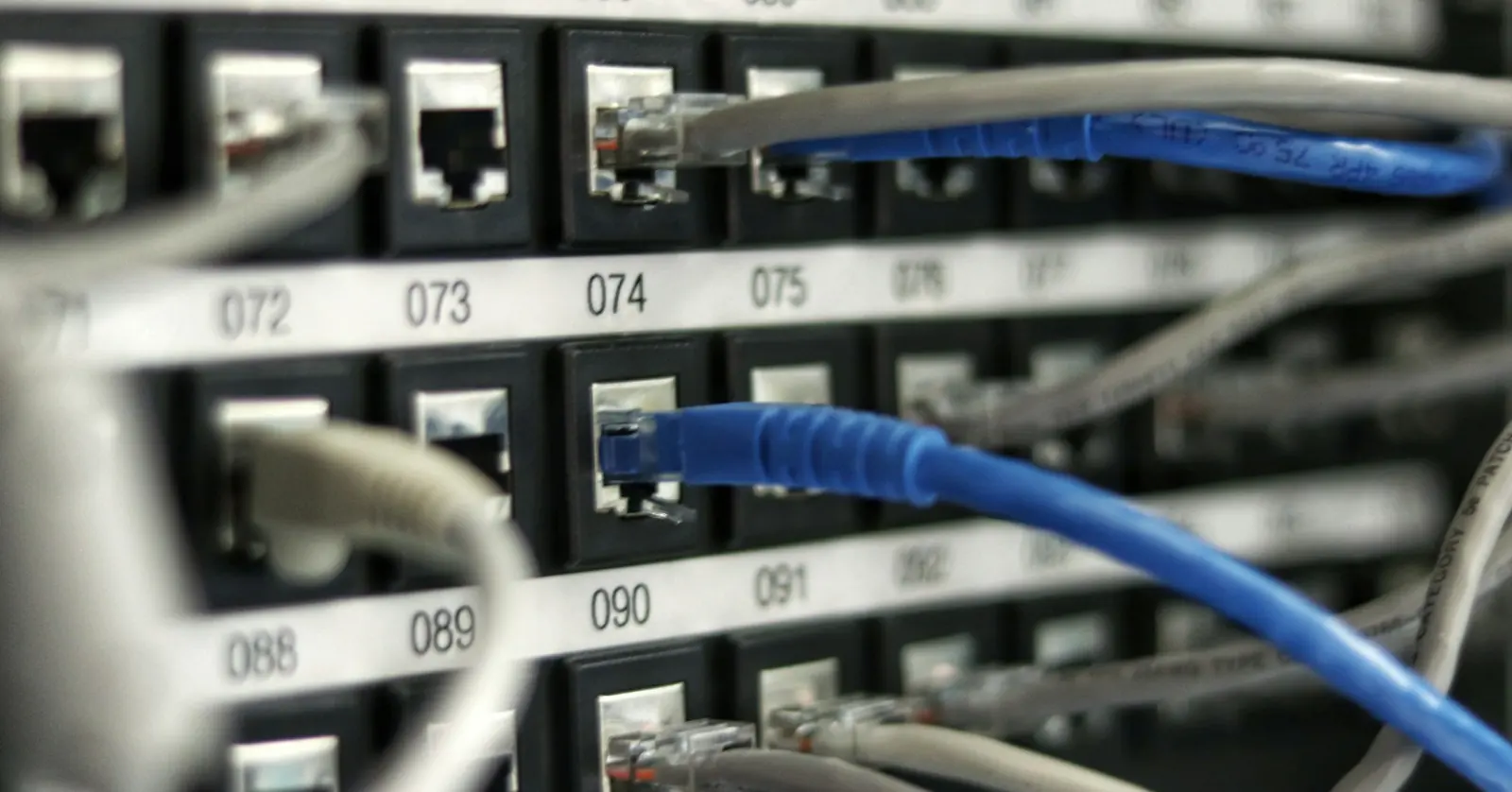 Structured-cabling patch panel with numbered ports and blue and grey network patch cords